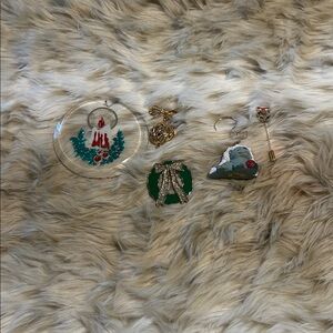 Festive Holiday 2 Ornament Set and three Christmas pins